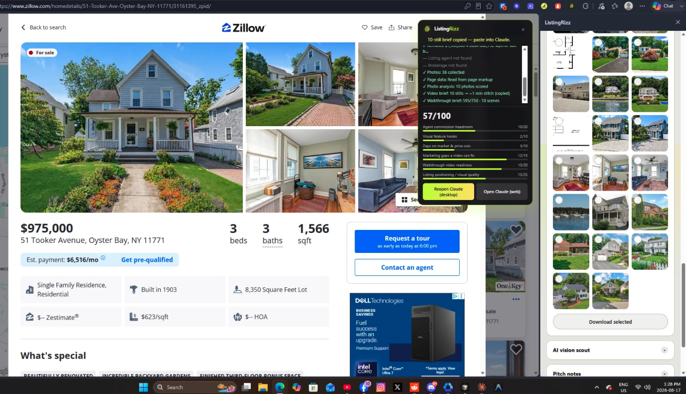 BNBProfits extension running on a Zillow listing page, scoring photos and building a walkthrough brief